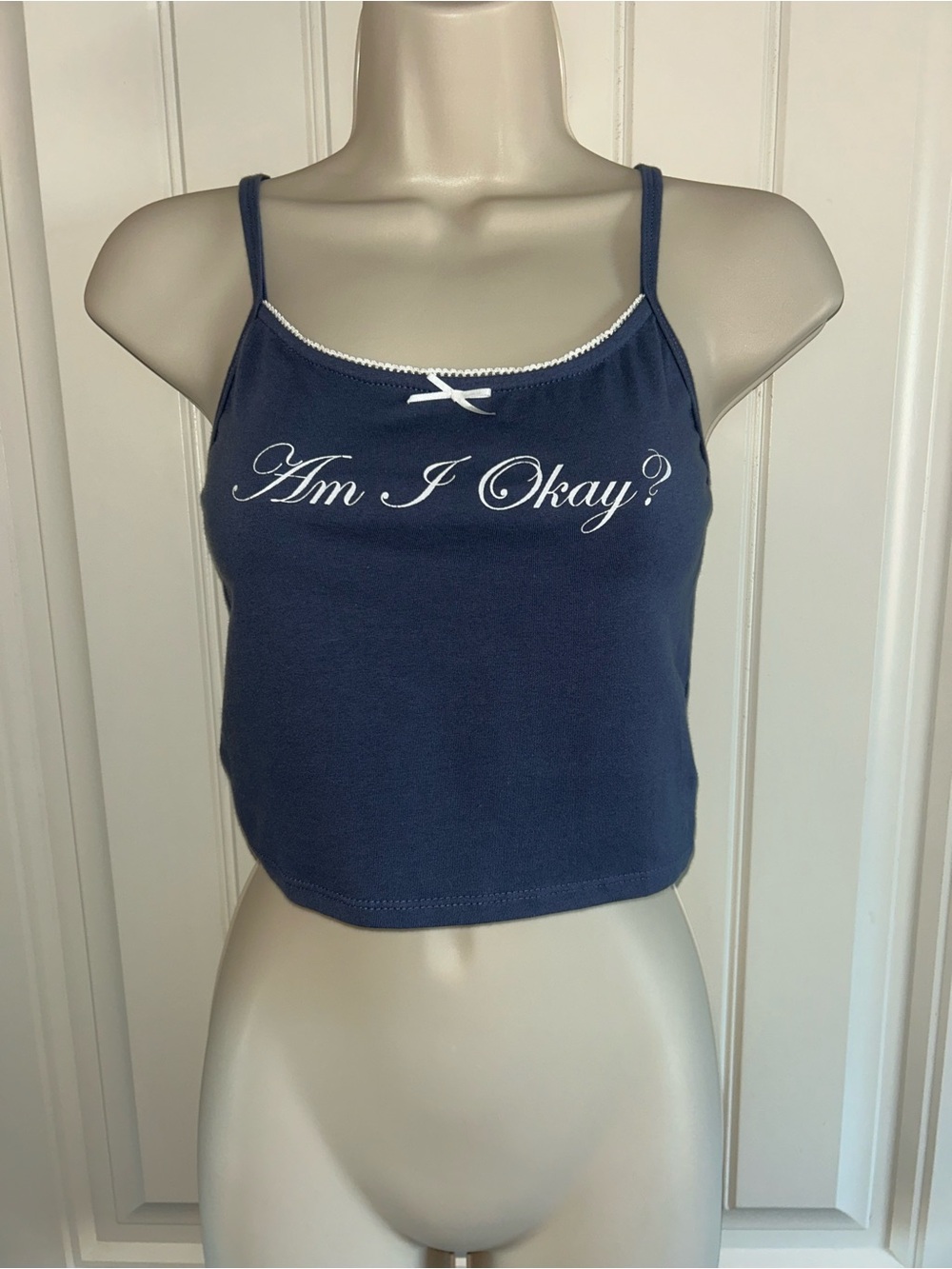 NEE La La Land Navy Spaghetti Strap Crop Top with "Am I Okay?" Sz XS